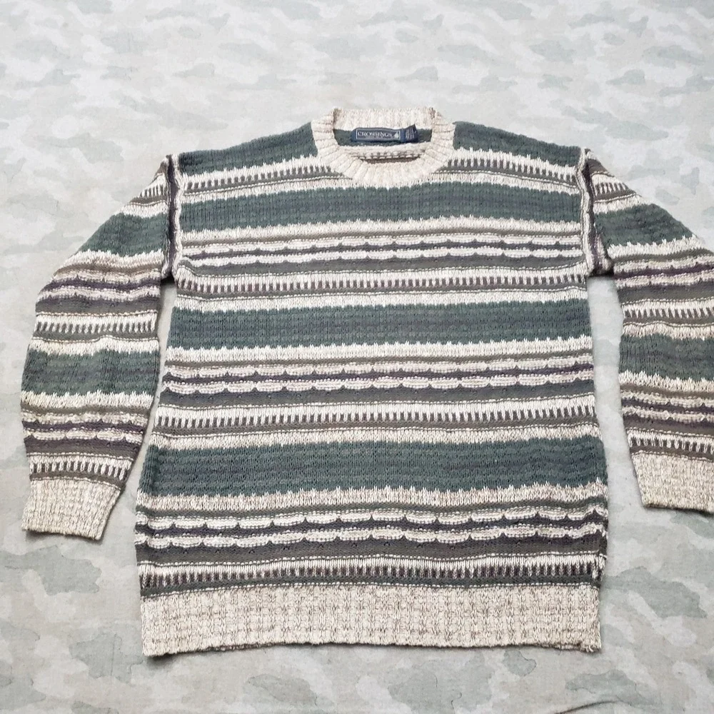 Vintage Crossings Sweater Mens Large Green Striped Pullover 3D Knit Grandpa Core